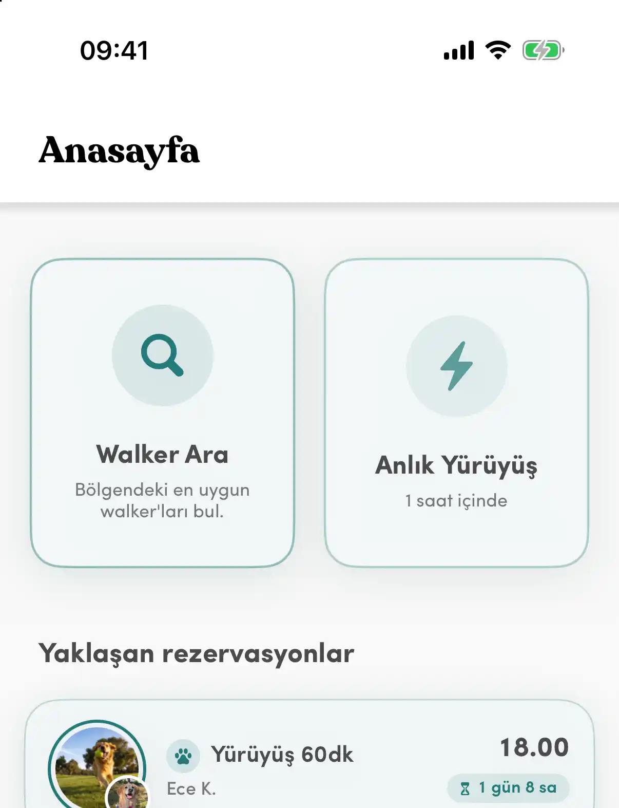 Uygulamanın ana sayfası: üstte «Walker Ara» ve «Anlık Yürüyüş» kartları, altında saatleri ve kalan süreleriyle yaklaşan iki yürüyüş rezervasyonu, en altta evcil hayvanlar.
