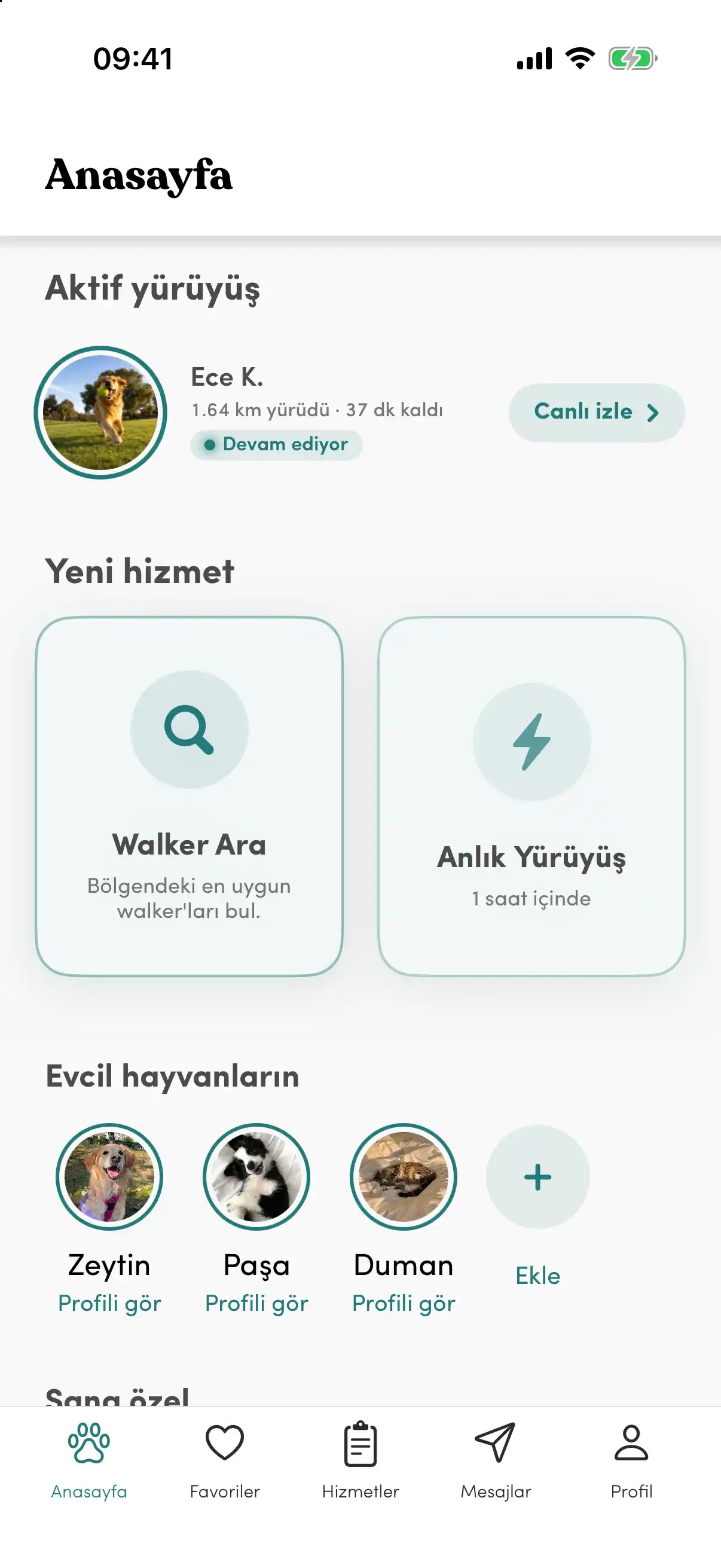Ana sayfada devam eden yürüyüş kartı: yürünen mesafe, kalan süre ve «Canlı izle» düğmesi; altında yeni hizmet kartları ve evcil hayvanlar.