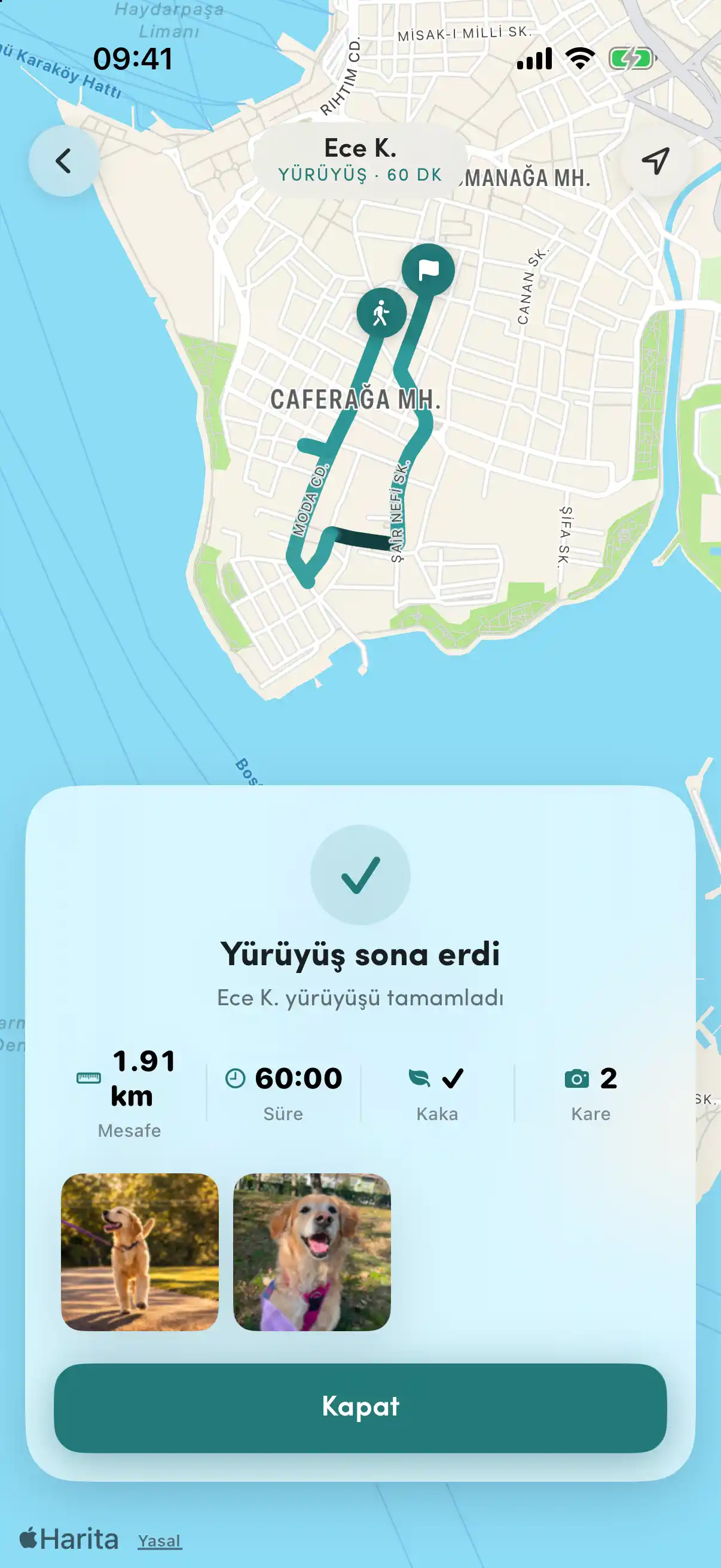 Yürüyüş özeti: haritada tamamlanan rota; «Yürüyüş sona erdi» kartında mesafe, 60 dakikalık süre, tuvalet işareti ve iki kare.