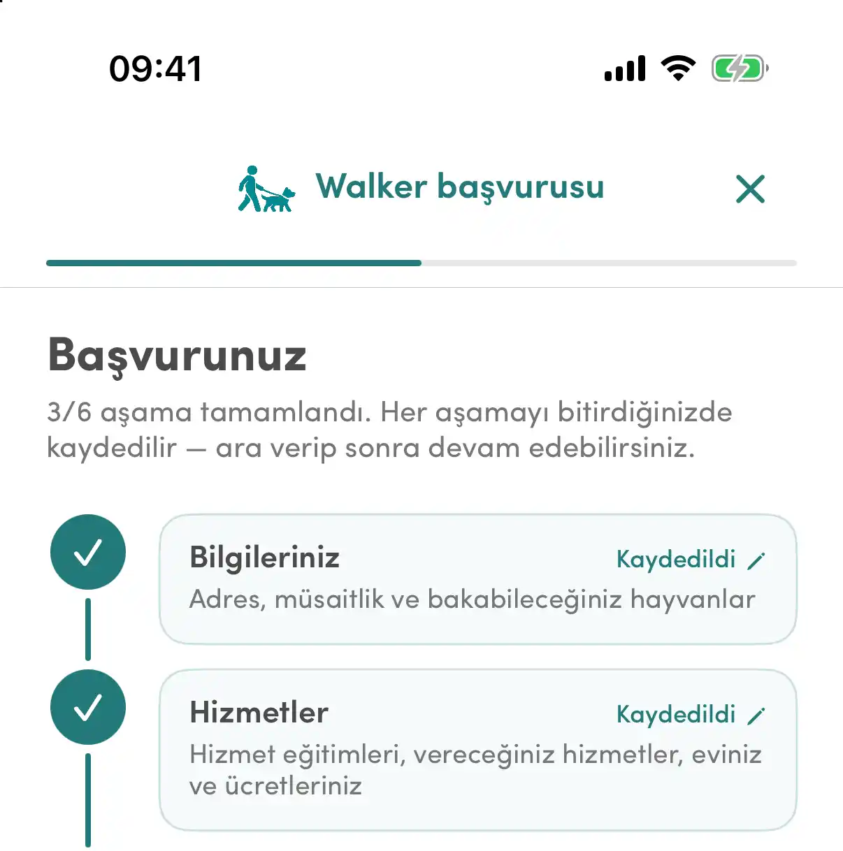 Walker başvurusu ekranının üst kısmı: altı aşamanın üçü tamamlanmış; ilk iki aşama, «Bilgileriniz» ve «Hizmetler», kaydedilmiş.