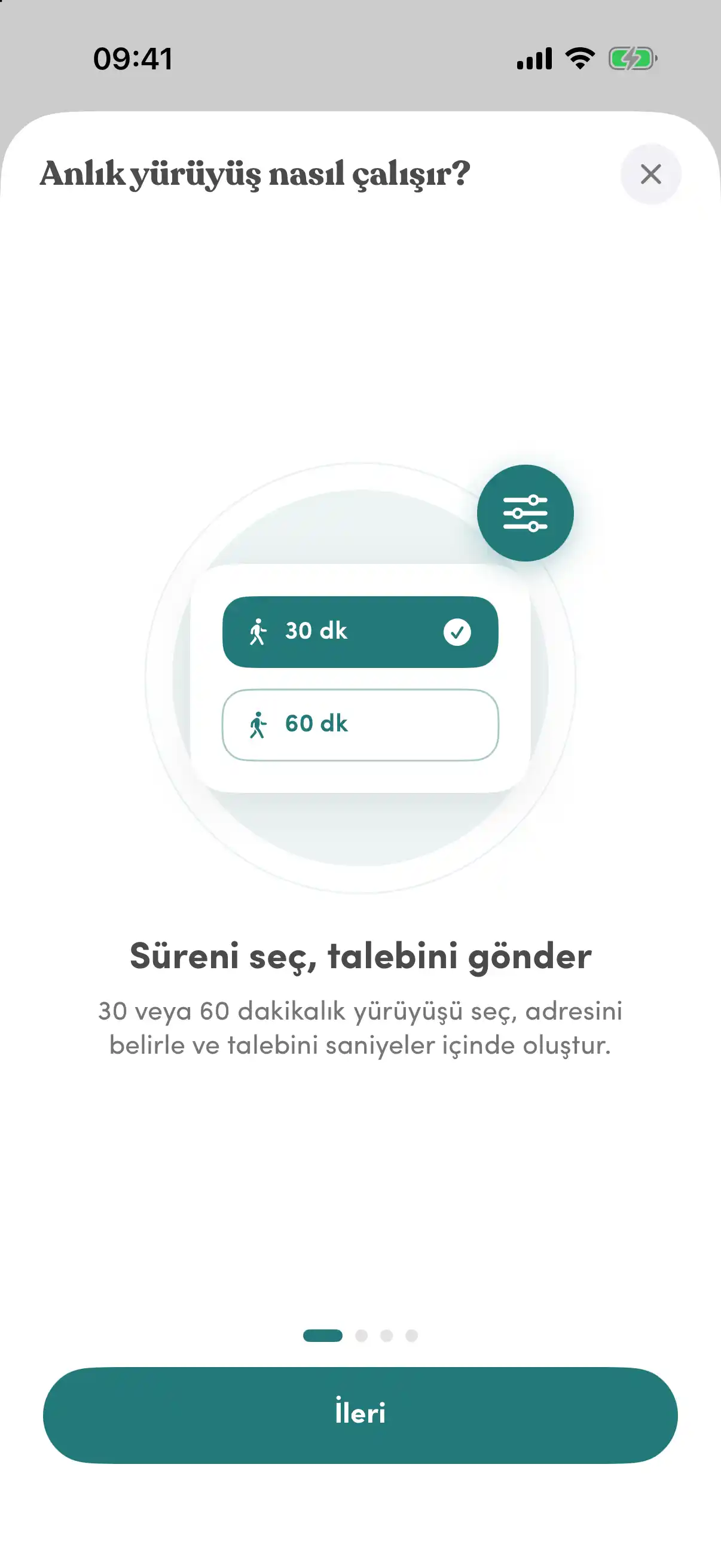 «Anlık yürüyüş nasıl çalışır?» tanıtımının ilk adımı: 30 ya da 60 dakikalık süre seçimi ve «Süreni seç, talebini gönder» başlığı.