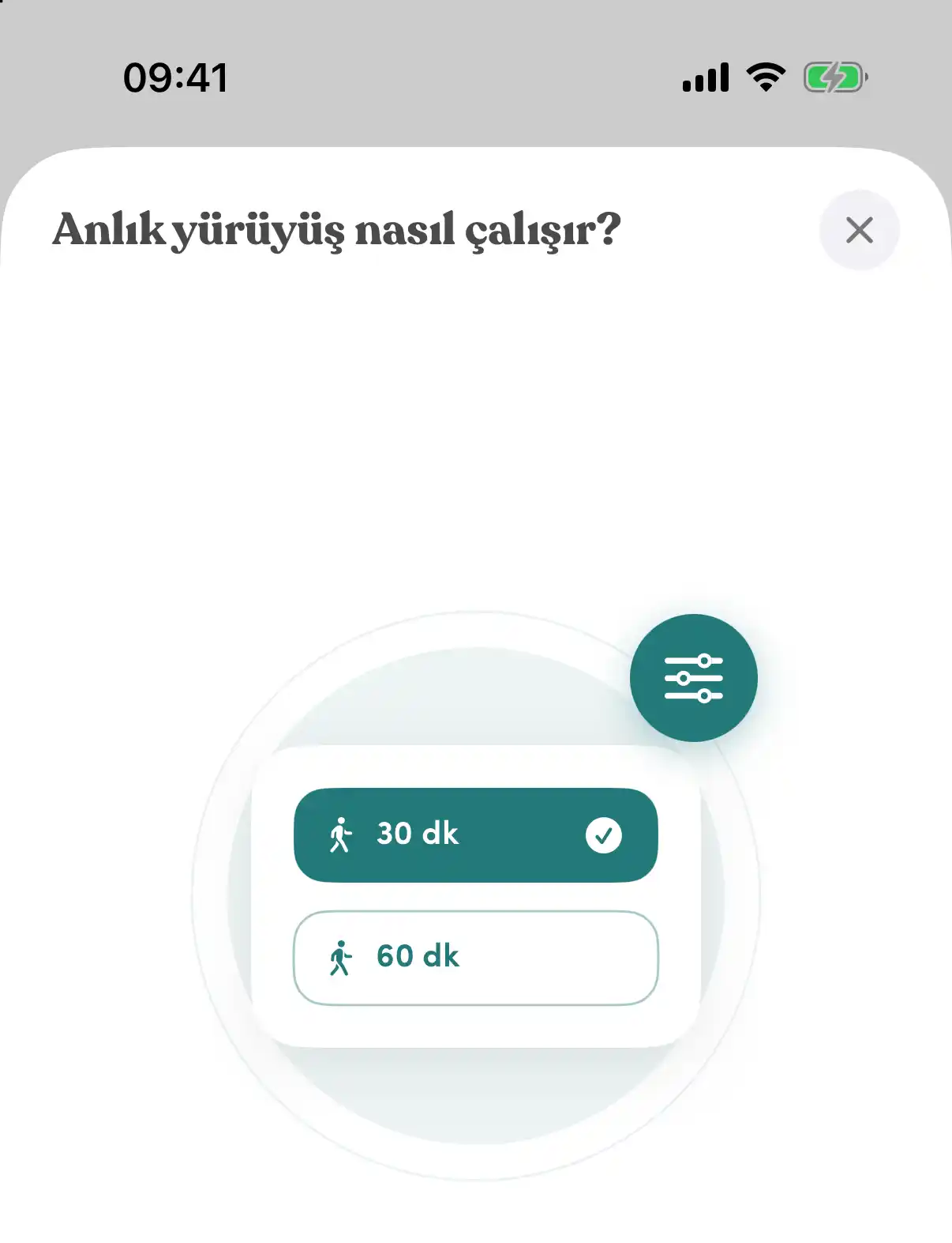 «Anlık yürüyüş nasıl çalışır?» tanıtımının ilk adımı: 30 ya da 60 dakikalık süre seçimi ve «Süreni seç, talebini gönder» başlığı.