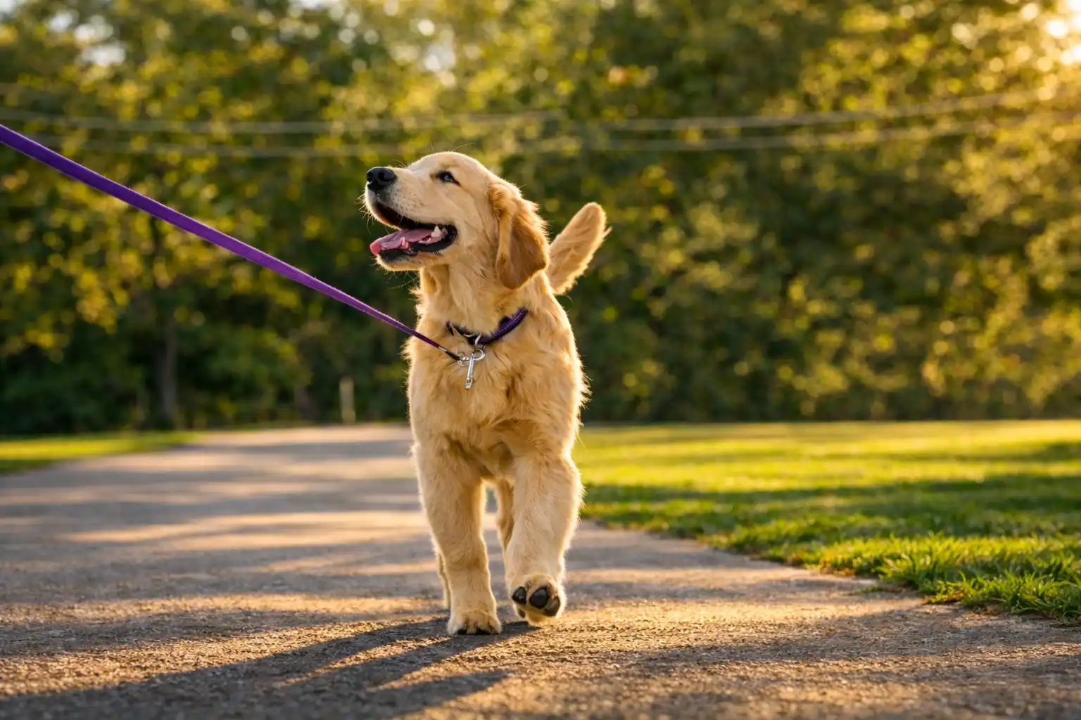 Mor tasmalı bir golden retriever yavrusu, gün batımında ağaçlıklı bir yolda yürüyor.